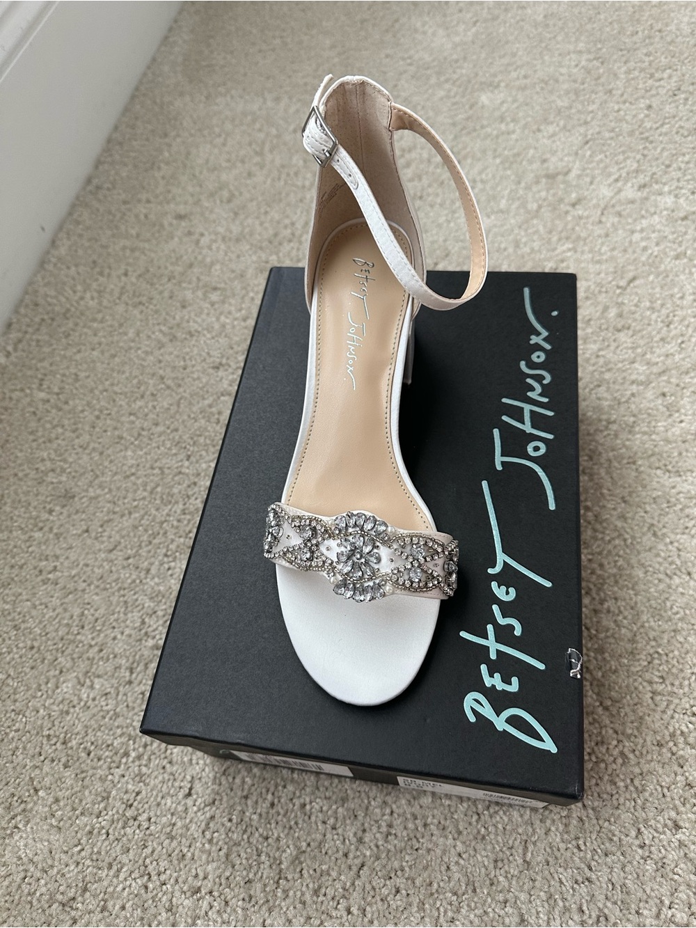 Betsey Johnson Ivory Jeweled Ankle Strap Heels